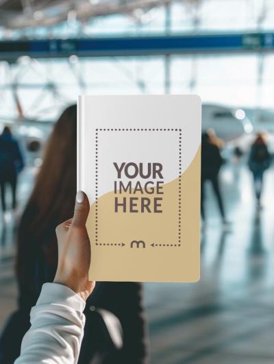 Book Cover Mockup Held by a Person inside Busy Airport