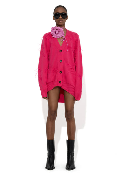 BRIGHT PINK MERINO WOOL OVERSIZE CARDIGAN WITH FEATHERS marques almeida