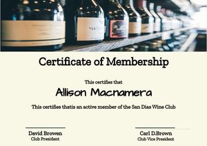 Certificate of Membership Wine Club