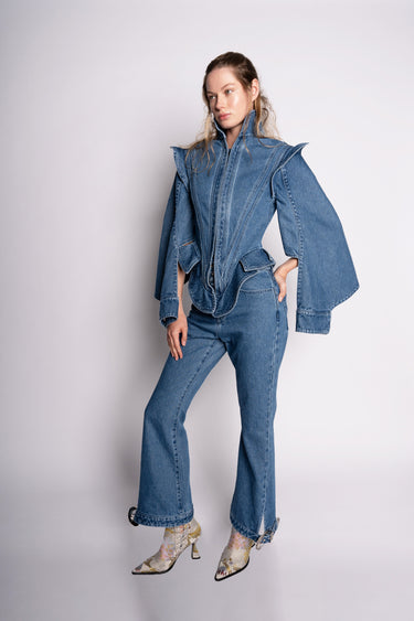DENIM CAPRI FLARE TROUSERS WITH BELTED HEM marques almeida