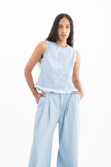 DENIM SLEEVELESS TOP WITH FLOWER EMBROIDERY marques almeida