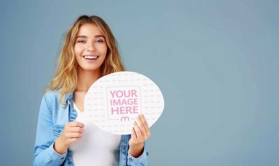 Female Model Holding Advertising SMS Poster Sign Mockup