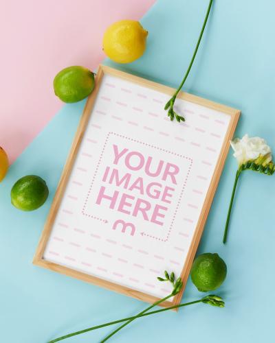 Picture Frame on Colorful Surface with Fruits Mockup