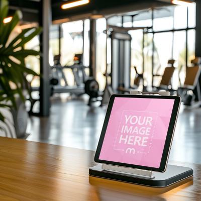 iPad Mockup Placed at The Front Desk Check In of a Gym