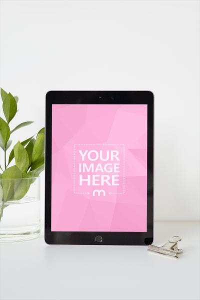 iPad Standing on Desk Mockup Generator