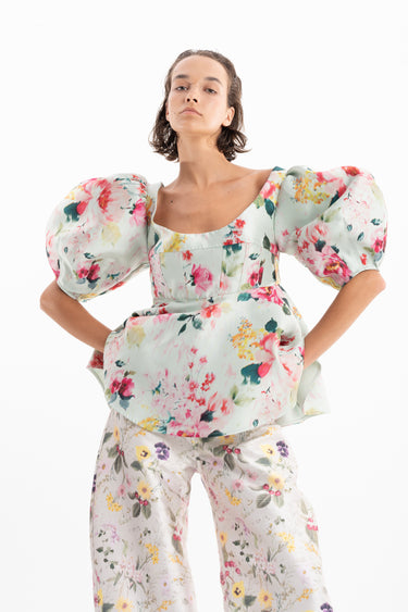 light green PRINTED HEAVY SATIN ROUND SLEEVE TOP WITH CORSET TOP AND PEPLUM HEM marques almeida
