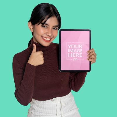 Mockup of an iPad With an Approving Woman