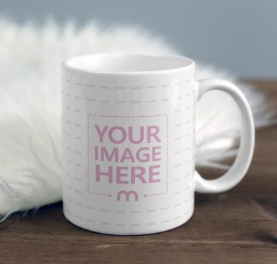 Mug on Wood Desk Near Fur Blanket Mockup