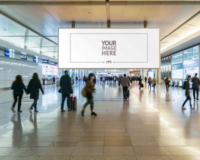 Overhead Billboard Mockup for Busy Airport Terminal