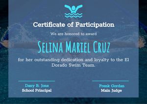 Swim Team Certificate of Participation