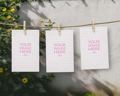 Three Posters Mockup Hanged From Clips in Garden