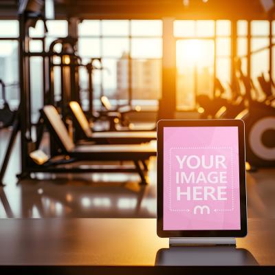 Vertical iPad Mockup On Wooden Desk Inside Modern Gym