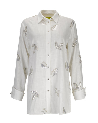 WHITE LOOSE LINEN SHIRT WITH EMBROIDERED SEQUINS MARQUES ALMEIDA