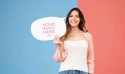Woman Displaying Marketing SMS Poster Sign Mockup