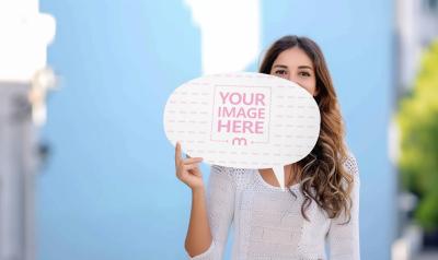 Woman Holding Promotional SMS Poster Sign Mockup